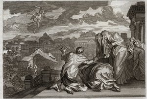 Biblia Royaumont, Stary Testament: Fleau of the Plague. A Dawid, uczyniwszy zacienienie całego swego ludu przez ruch próżności, Bóg zaraża swoje królestwo zarazą, która w ciągu trzech dni zabiera siedemdziesiąt tysięcy ludzi. Ilustracja z 1811 roku. autorstwa Unknown artist