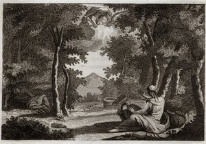 Biblia Royaumont, Stary Testament: Lot agaru. Agar (Hagar) wschodzi, opowieść Sara (Sara) jego kochanka. Sara z surowością mówi o swojej bezczelności. Agar nie może jej tolerować i uciekł z domu na pustyni, albo Anioł rozmawia z nią, by sprowadzić ją z pow autorstwa Unknown artist