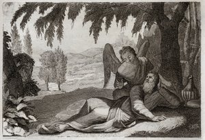 Biblia Royaumont, Stary Testament: Lot Eliasza. Eliasz uciekający przed gniewem Jezabel, który chciał zemścić się na nim za śmierć jego fałszywych proroków, jest wspierany na pustyni przez Anioła, który przynosi mu jedzenie. Ilustracja z 1811 roku. autorstwa Unknown artist