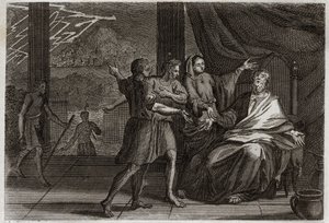 Biblia Royaumont, Stary Testament: Przyjaciele Hioba. Hiob, zamiast być pocieszanym przez trzech książąt, jego przyjaciele, którzy przyszli do niego, otrzymali tylko smutek, ponieważ chcieli, aby wyglądał na winnego. Ilustracja z 1811 roku. autorstwa Unknown artist