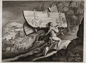 Biblia Royaumont, Stary Testament: Bramy Gazy. Samson, zamknij się w Gazie, wyrwij bramy miasta. Ilustracja z 1811 roku. autorstwa Unknown artist