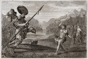 Biblia Royaumont, Stary Testament: Olbrzymi Goliat. Goliat, Filistyn, o niezwykłej wielkości, zostaje pokonany przez Dawida, bronią tylko z procą i kijem. Ilustracja z 1811 roku. autorstwa Unknown artist