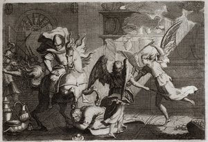 Biblia Royaumont, Stary Testament: Heliodor polujący na świątynię. Heliodor (Heliodoros) wysłany przez swego władcę w celu splądrowania Świątyni Jerozolimskiej, został pobity dziedzińcami przez anioły. Ilustracja z 1811 roku. autorstwa Unknown artist