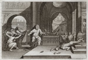 Biblia Royaumont, Stary Testament: Idol Dagona. A kiedy Filistyni umieścili Arkę Przymierza w świątyni obok Dagona, swego Boga, sprowadziła ich bożka i zadała im straszliwą plagę, która zmusiła ich do odesłania jej. Illu autorstwa Unknown artist