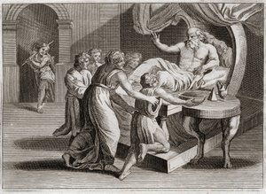 Biblia Royaumont, Stary Testament: Izaak pobłogosławił Jakuba. Izaak pragnąc pobłogosławić Ezawa, poprzez mądrość Rebeki, do której należała zgodnie z planem Bożym, udziela jej błogosławieństwa Jakubowi. Ilustracja z 1811 roku. autorstwa Unknown artist