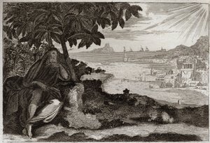 Biblia Royaumont, Stary Testament: Bluszcz desseche. Bóg pokazuje swoim wrażliwym przykładem swojemu prorokowi Jonaszowi, jak bardzo kocha ludzi i jak bardzo cierpi, kiedy jest zmuszony ich ukarać. Ilustracja z 1811 roku. autorstwa Unknown artist