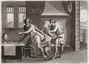 Biblia Royaumont, Stary Testament: Jakub i Ezaw. Ezaw sprzedaje swojemu bratu Jakubowi swojemu dziadkowi prawo do soczewicy. Ilustracja z 1811 roku. autorstwa Unknown artist