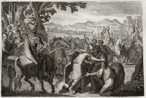 Biblia Royaumont, Stary Testament: Jakub jedzie do Egiptu. Jacob odnajdzie Józefa z całą rodziną. Ilustracja z 1811 roku. autorstwa Unknown artist