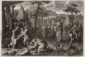 Biblia Royaumont, Stary Testament: Żydzi na pustyni (lub bunt manny). Bóg sprawia, że manna spada z nieba przez czterdzieści lat. Ilustracja z 1811 roku. autorstwa Unknown artist