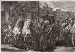 Biblia Royaumont, Stary Testament: Jezabel zjada psy. Jehu kazał wyrzucić Jezabel przez okno, a ona została zjedzona przez psy. Ilustracja z 1811 roku. autorstwa Unknown artist