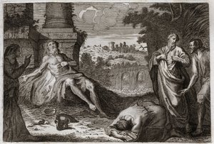 Biblia Royaumont, Stary Testament: Hiob na oborniku. Święty Hiob jest kuszony przez demona, który odbiera mu całe dobro i wszystkie jego dzieci, zadaje mu straszliwą ranę i zostawia mu tylko żonę, która niecierpliwie go nosi. Ilustracja z 181 autorstwa Unknown artist