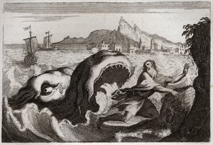 Biblia Royaumont, Stary Testament: Jonasz w wielorybie. Prorok Jonasz żyje na wielorybie i wychodzi żywy. Ilustracja z 1811 roku. autorstwa Unknown artist