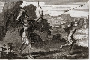 Biblia Royaumont, Stary Testament: Jonatan i Dawid. A gdy Jonatan zobaczył zgorzkniałość ojca, Saul ostrzegł go, by się wycofał. Ilustracja z 1811 roku. autorstwa Unknown artist