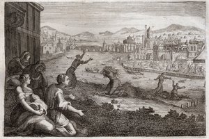 Biblia Royaumont, Stary Testament: Położne Egiptu. Faraon sprawia, że dzieci Izraelitów płci męskiej są wrzucane do Nilu. Ilustracja z 1811 roku. autorstwa Unknown artist