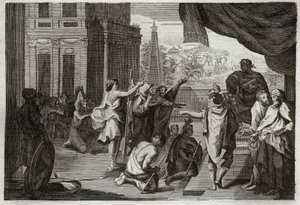 Biblia Royaumont, Stary Testament: Mojżesz przed faraonem. Mojżesz prosi faraona, aby wypuścił Hebrajczyków na pustynię, aby złożyć ofiarę Panu. Ilustracja z 1811 roku. autorstwa Unknown artist