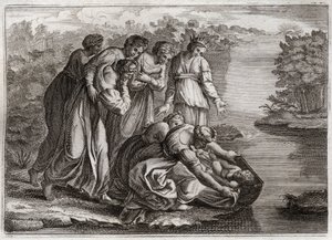 Biblia Royaumont, Stary Testament: Mojżesz ratuje wody. Córka faraona wycofała Mojżesza z wód Nilu i adoptowała go dla swojego syna. Ilustracja z 1811 roku. autorstwa Unknown artist