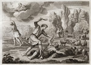 Biblia Royaumont, Stary Testament: Morderstwo Abla. Kain z zazdrością niesie swojego brata przeciwko Ablowi, wyprowadzając go na wieś, jak gdyby szedł, i zabijając go. Ilustracja z 1811 roku. autorstwa Unknown artist