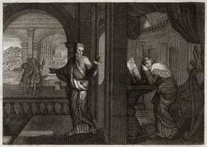 Biblia Royaumont, Stary Testament: Pokuta Dawida. Bóg wysyła swojego proroka Natana do Dawida, aby reprezentował jego winę. Żal, że ten święty Król z niej wyciągnął, sprawia, że akceptuje całe zło, które przewidział mu Prorok. Ilustracja z 1811 roku. autorstwa Unknown artist