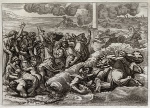 Biblia Royaumont, Stary Testament: Faraon zanurza się w Morzu Czerwonym. Przejście przez Morze Czerwone przez Mojżesza i Hebrajczyków, zatopienie armii faraona. Ilustracja z 1811 roku. autorstwa Unknown artist