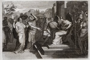 Biblia Royaumont, Stary Testament: Piete Jozafata. Jehoszafat, najpobożniejszy król Judy, wprawia w drżenie wszystkich otaczających go książąt i na różne sposoby świadczy o swojej pobożności wobec Boga, co uczyniło go zwycięskim nad wrogami. Ilustracja autorstwa Unknown artist
