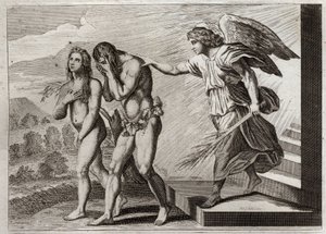 Biblia Royaumont, Stary Testament: Kara Adama. Bóg wypędza Adama i Ewę z Raju po ich upadku i stawia Cherubina u drzwi, aby bronić ich wejścia. Ilustracja z 1811 roku. autorstwa Unknown artist