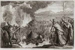 Biblia Royaumont, Stary Testament: Kara niebiańskiego ognia. Core (Kore), Datan (Datan, Nathan) i Abrron (Abiram) szemrzący przeciwko Mojżeszowi i wpływając na władcę Pretrise, zostają żywcem zniszczeni, a ziemia otwiera się, by ich pożreć. Odcinek autorstwa Unknown artist