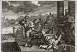Biblia Royaumont, Stary Testament: Kara Heli. Bóg, aby ukarać wielkiego kapłana Heli (Eli) za jego zaniedbanie w przejmowaniu rozkazów swoich dzieci, pozwala mu upaść z siedzenia i złamać głowę, słysząc wiadomość o ich śmierci autorstwa Unknown artist
