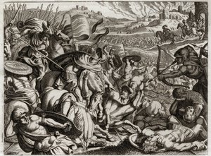 Biblia Royaumont, Stary Testament: Kara Beniaminitów. Plemię Beniamina zostaje wytępione. Ilustracja z 1811 roku. autorstwa Unknown artist