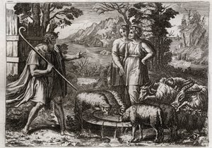 Biblia Royaumont, Stary Testament: Rachela i Lea. Jakub służył Labanowi, swemu wujowi, aby poślubić jego córkę Rachelę. Ilustracja z 1811 roku. autorstwa Unknown artist