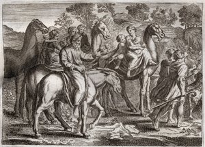 Biblia Royaumont, Stary Testament: Powrót Jakuba. Powrót Jakuba do Ziemi Kanaan z jego żonami, Rachelą i Leą oraz dziećmi. Ilustracja z 1811 roku. autorstwa Unknown artist