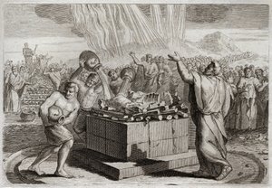Biblia Royaumont, Stary Testament: Ofiara Eliasza. A gdy objawił prawdziwego Boga cudem ognia, który zstąpił z nieba na jego ofiarę, nakazał ludowi zabić czterystu pięćdziesięciu kapłanów bożka Baala. Ilustracja autorstwa Unknown artist