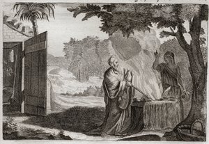 Biblia Royaumont, Stary Testament: Ofiara Gedeon. Gedeon (Gideon) jest powołany przez Boga do odebrania Żydów ich wrogom. Składa ofiarę na kamieniu, z którego wydobywa się ogień, który go trawi. Ilustracja z 1811 roku. autorstwa Unknown artist