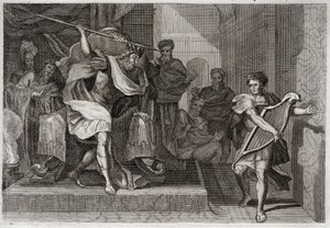 Biblia Royaumont, Stary Testament: Saul chce zabić Dawida. Saul pełen złości i zazdrości na Dawida, chce przebić swoją włócznię, gdy grał przed nim na harfie. Ilustracja z 1811 roku. autorstwa Unknown artist