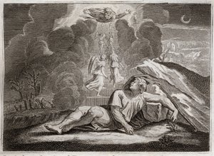 Biblia Royaumont, Stary Testament: Skala Jakuba. Jakub uciekając przed gniewem Ezawa, żyje śpiąc na tajemniczej drabinie. Ilustracja z 1811 roku. autorstwa Unknown artist
