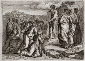 Biblia Royaumont, Stary Testament: Drugie Tablice Prawa. Bóg daje Mojżeszowi inne tablice (Dziesięć Przykazań), które ludzie przyjmują z szacunkiem. Ilustracja z 1811 roku. autorstwa Unknown artist