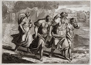 Biblia Royaumont, Stary Testament: Sodom brulee. Bóg drażni ohydne zbrodnie Sodomy, pali ją wraz z innymi sąsiednimi miastami deszczem ognia i siarki, który spala z nieba (Loth, jego córki i jego żona uciekają z miasta). Ilustracja autorstwa Unknown artist