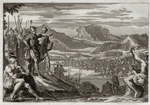 Biblia Royaumont, Stary Testament: Żołnierze Gedeon. Bóg nakazuje Gedeonowi (Gideonowi) poprowadzić wszystkie swoje wojska nad rzekę Jordan i daje mu znak, aby rozpoznać tych, których miał użyć do walki z Midianitami. Ilustracja z 1811 roku. autorstwa Unknown artist