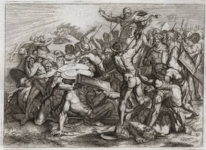 Biblia Royaumont, Stary Testament: Sun Stop. Joshua goniący swoich amoryckich wrogów (amorrytów) sprawia, że Słońce zatrzymuje się, dzięki czemu ma więcej czasu na ich cofnięcie. Ilustracja z 1811 roku. autorstwa Unknown artist