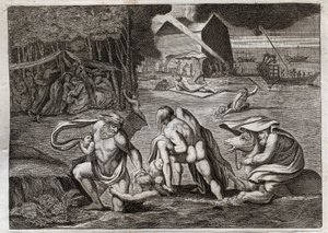 Biblia Royaumont, Stary Testament: Potop. Potop zalewa całą ziemię. Jedyna arka ratuje tych, którzy byli w niej zamknięci, przed zatonięciem. Ilustracja z 1811 roku. autorstwa Unknown artist
