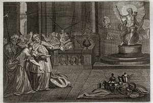 Biblia Royaumont, Stary Testament: Idol Bel. Daniel zniszczył bożka Bela i zabił smoka, którego czcili Babilończycy. Ilustracja z 1811 roku. autorstwa Unknown artist