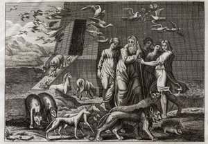 Biblia Royaumont, Stary Testament: Tęcza. Noe opuszcza Arkę i składa ofiarę Bogu, który przyjmuje ją życzliwie. Obiecuje, że nie ześle już więcej potopu na ziemię. Daje tęczę jako znak prawdziwości tej obietnicy. Ilustracja z 181 autorstwa Unknown artist