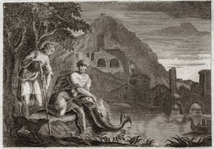 Biblia Royaumont, Stary Testament: Anioł prowadzi Tobiego. Młody Tobie jest przerażony rybą (cudowną), która chciała go zjeść. Anioł Rafael przychodzi z Bożego nakazu, aby poprowadzić go w podróż, którą musiał odbyć. Ilustracja z 1811 roku. autorstwa Unknown artist