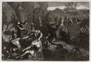 Biblia Royaumont, Stary Testament: Złodzieje z Siceleg. Niektórzy Amalekici przybywają, aby plądrować Siceleg pod nieobecność Dawida. Wpada w furię i traci ich. Ilustracja z 1811 roku. autorstwa Unknown artist