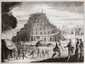 Biblia Royaumont, Stary Testament: Wieża Babel. Ludzie chcą próżnością wznieść Wieżę do nieba. Bóg zapobiega tej pracy, mieszając ich języki, aby nie mogli już słyszeć siebie nawzajem. Ilustracja z 1811 roku. autorstwa Unknown artist