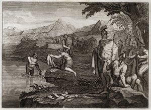 Biblia Royaumont, Stary Testament: Wojna Naamana. Naaman, generał armii króla Syrii, przybył, by znaleźć proroka Elizeusza, aby został uzdrowiony z trądu. Ilustracja z 1811 roku. autorstwa Unknown artist