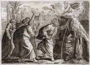 Biblia Royaumont, Stary Testament: Woda ze Skały. Mojżesz wydobywa wodę ze skały i napoi Izraelitów. Ilustracja z 1811 roku. autorstwa Unknown artist