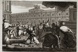 Biblia Royaumont, Stary Testament:, Zachariasz ukamienowany. Zachariasz, arcykapłan, zostaje ukamienowany na rozkaz króla judzkiego Joasza (Jehoasza), ponieważ odebrał mu rozkazy. Ilustracja z 1811 roku. autorstwa Unknown artist