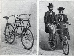 Rower posiada dwa foteliki produkcji „Punnett Cycle” bez iz rowerzystami. Grawerowanie w „”La Nature”” autorstwa Unknown artist