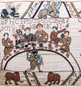 Biskup Odo błogosławi jedzenie i wino, gobelin z Bayeux (haft z wełny na płótnie) autorstwa Unknown artist