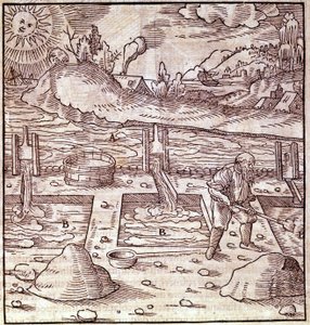 Odzysk asfaltu. Georg Bauer „” Agricola De Re metallica”” książka z XV wieku. Biblia Muzeum Nauki w Mediolanie. autorstwa Unknown artist
